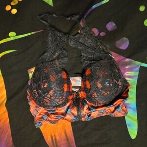 La SENZA Black Lace and Red Plaid Bralette